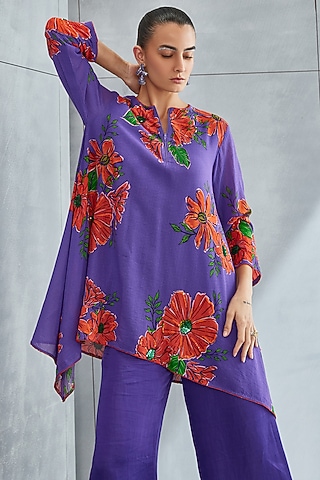 Amethyst Purple Georgette Embellished Asymmetric Tunic by Namrata Joshipura