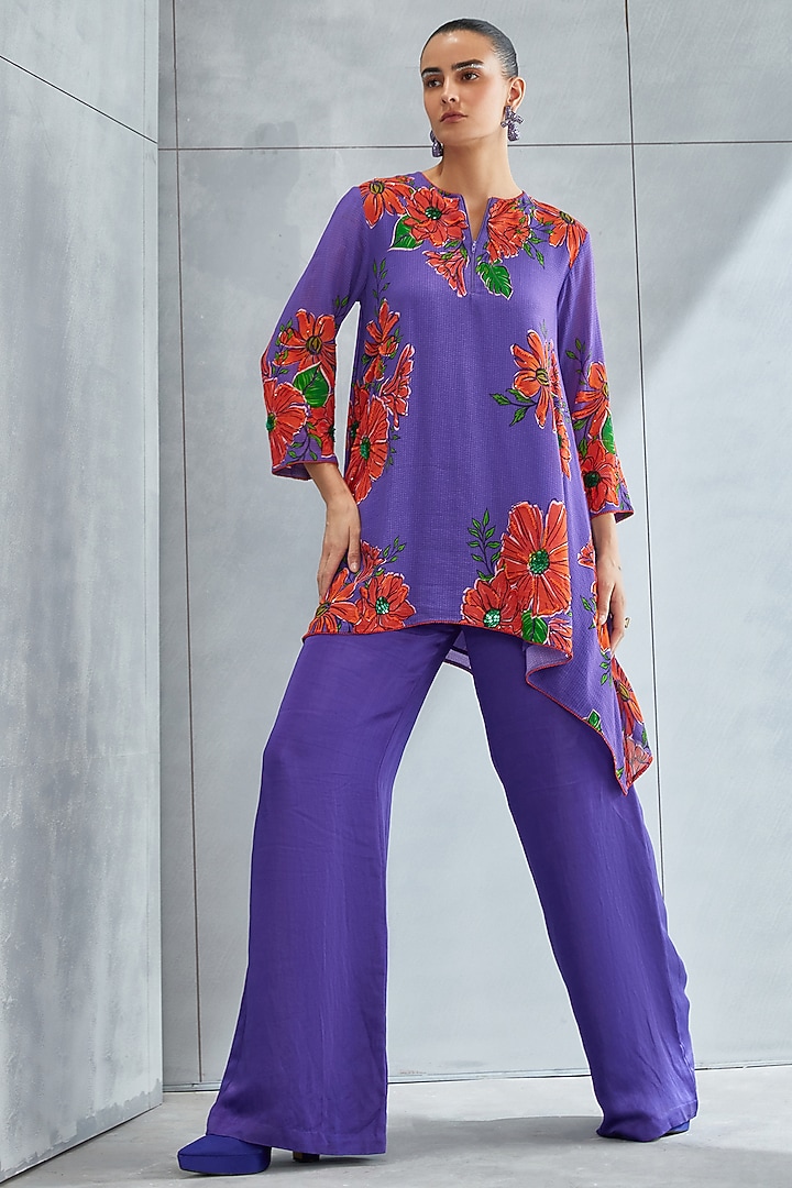 Amethyst Purple Georgette Embellished Asymmetric Tunic by Namrata Joshipura at Pernia's Pop Up Shop