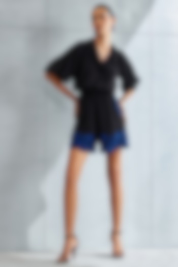 Black Textured Crepe Embellished Frill Romper by Namrata Joshipura at Pernia's Pop Up Shop