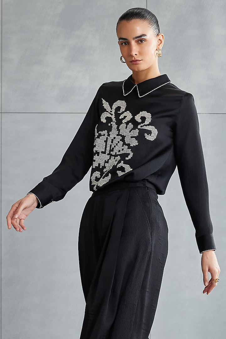 Black Satin Embellished Collar Top by Namrata Joshipura at Pernia's Pop Up Shop