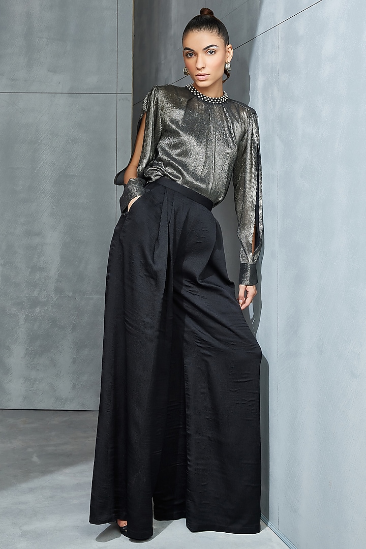 Gunmetal Shimmer Chiffon Embellished Top by Namrata Joshipura at Pernia's Pop Up Shop