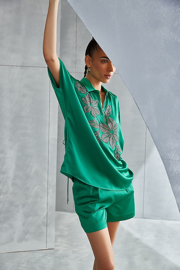 Forest Green Satin Embellished Boxy Top by Namrata Joshipura at Pernia's Pop Up Shop