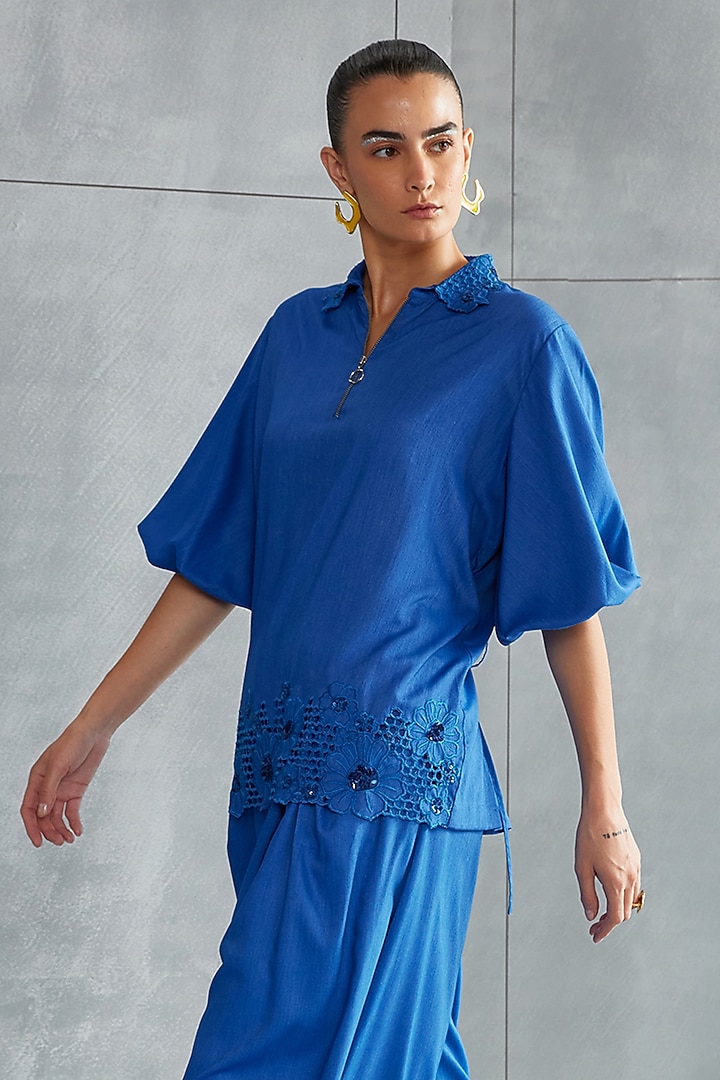 Blue Denim Embellished Top by Namrata Joshipura at Pernia's Pop Up Shop