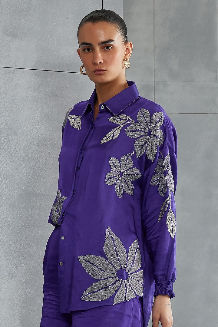 Violet Linen Satin Embellished Boxy Top by Namrata Joshipura at Pernia's Pop Up Shop