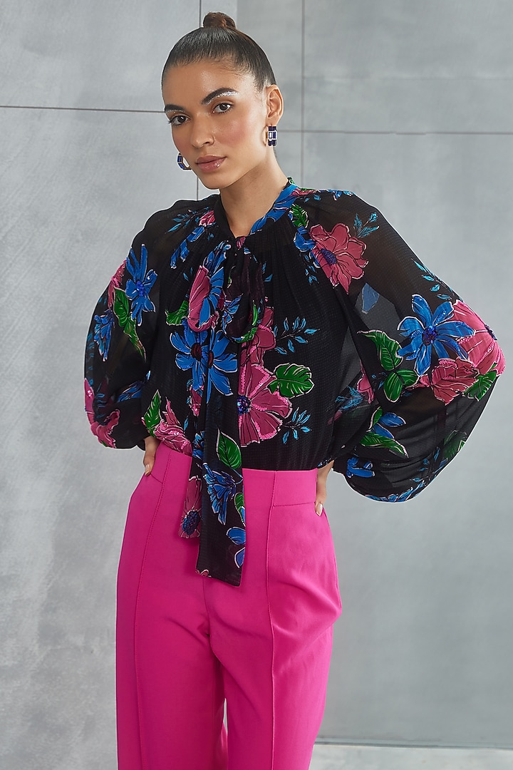 Black Georgette Embellished Tie-Up Top by Namrata Joshipura at Pernia's Pop Up Shop