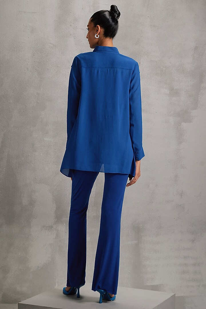 Neptune Blue Georgette Floral Embellished Shirt by Namrata Joshipura at Pernia's Pop Up Shop