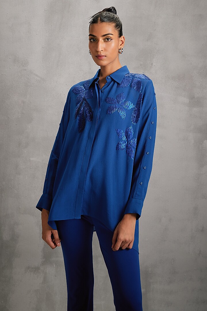 Neptune Blue Georgette Floral Embellished Shirt by Namrata Joshipura at Pernia's Pop Up Shop