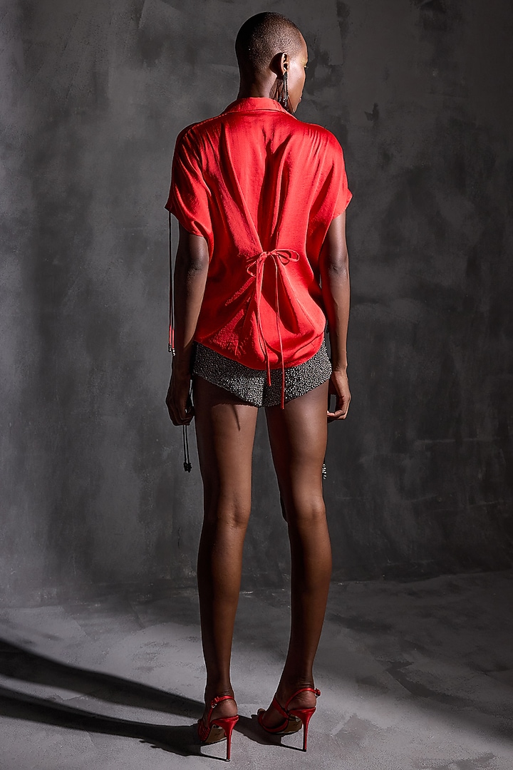 Crimson Red Bubble Crepe Floral Embellished Top by Namrata Joshipura at Pernia's Pop Up Shop