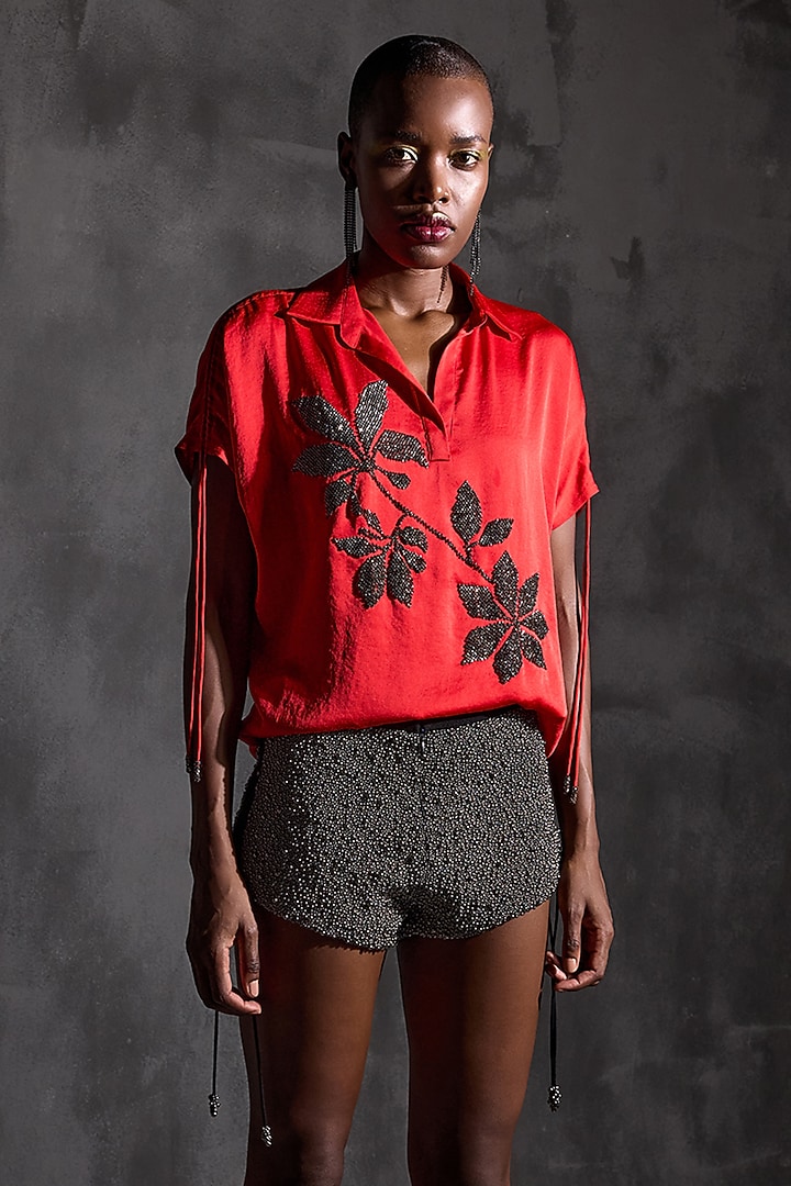 Crimson Red Bubble Crepe Floral Embellished Top by Namrata Joshipura at Pernia's Pop Up Shop