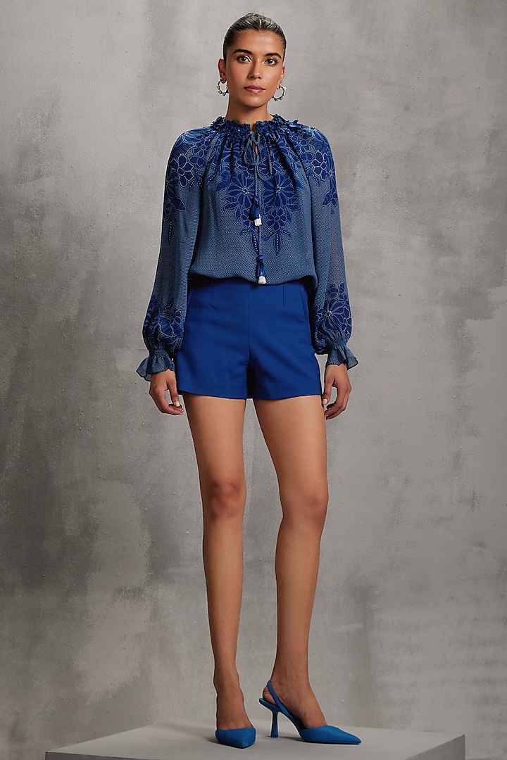 Neptune Blue Georgette Floral Embellished Top by Namrata Joshipura at Pernia's Pop Up Shop