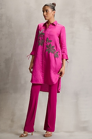 Ruby Rush Satin Linen Floral Embellished Shift Tunic by Namrata Joshipura