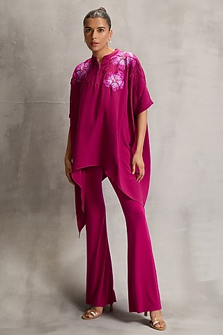 Ruby Rush Textured Crepe Floral Embellished Handkerchief Tunic by Namrata Joshipura