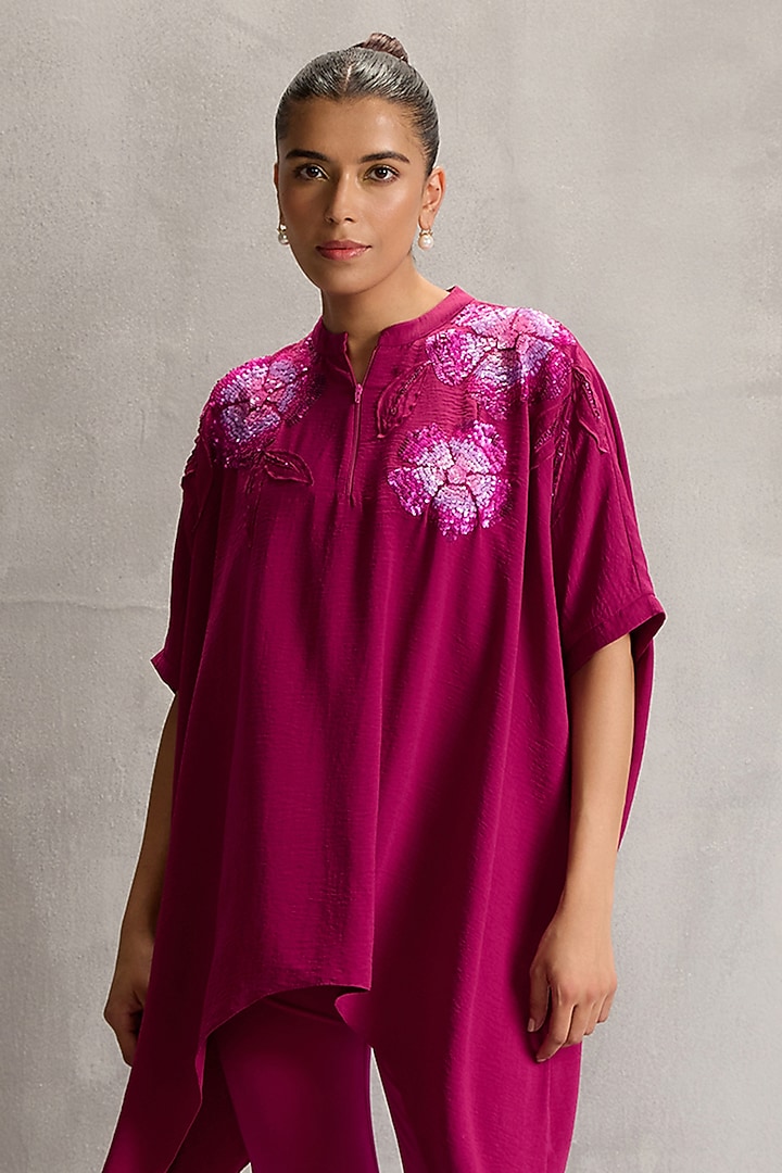 Ruby Rush Textured Crepe Floral Embellished Handkerchief Tunic by Namrata Joshipura at Pernia's Pop Up Shop