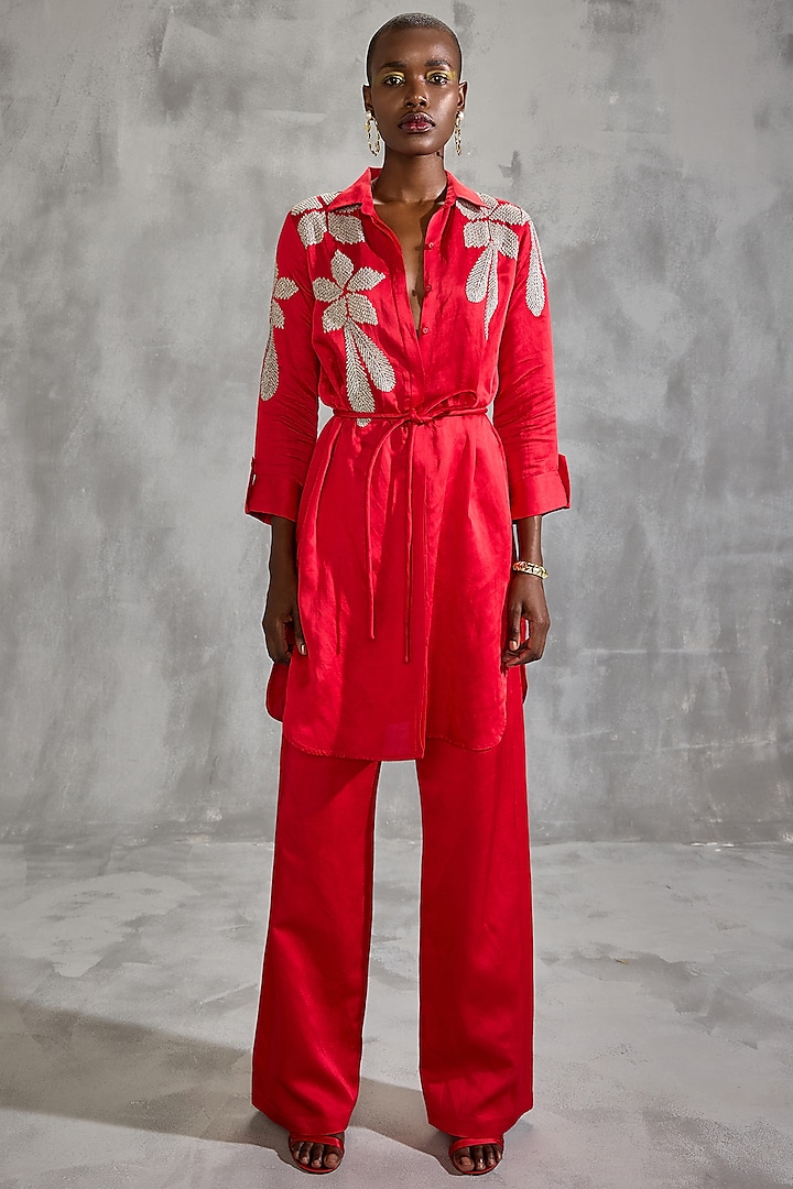 Crimson Red Satin Linen Floral Embellished Tunic by Namrata Joshipura at Pernia's Pop Up Shop