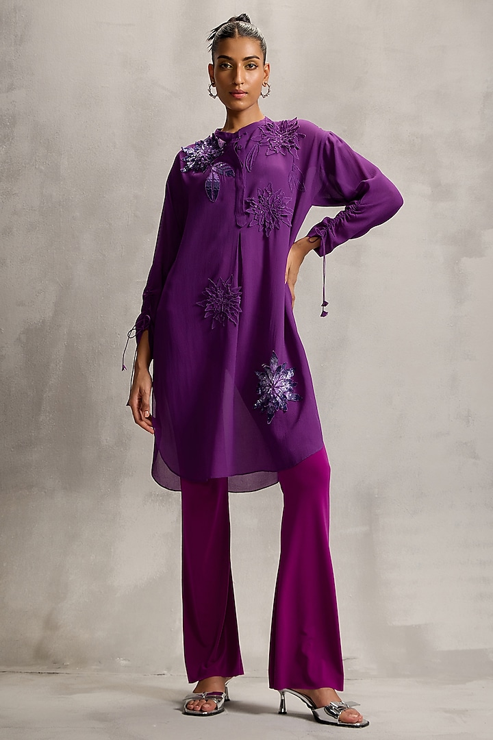 Plum Georgette Floral Embellished Shift Tunic by Namrata Joshipura at Pernia's Pop Up Shop