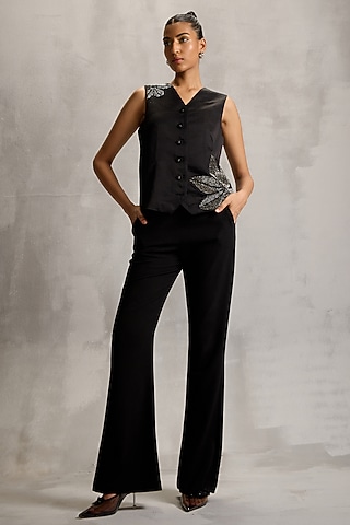 Charcoal Black Satin Linen Floral Embellished Waistcoat by Namrata Joshipura