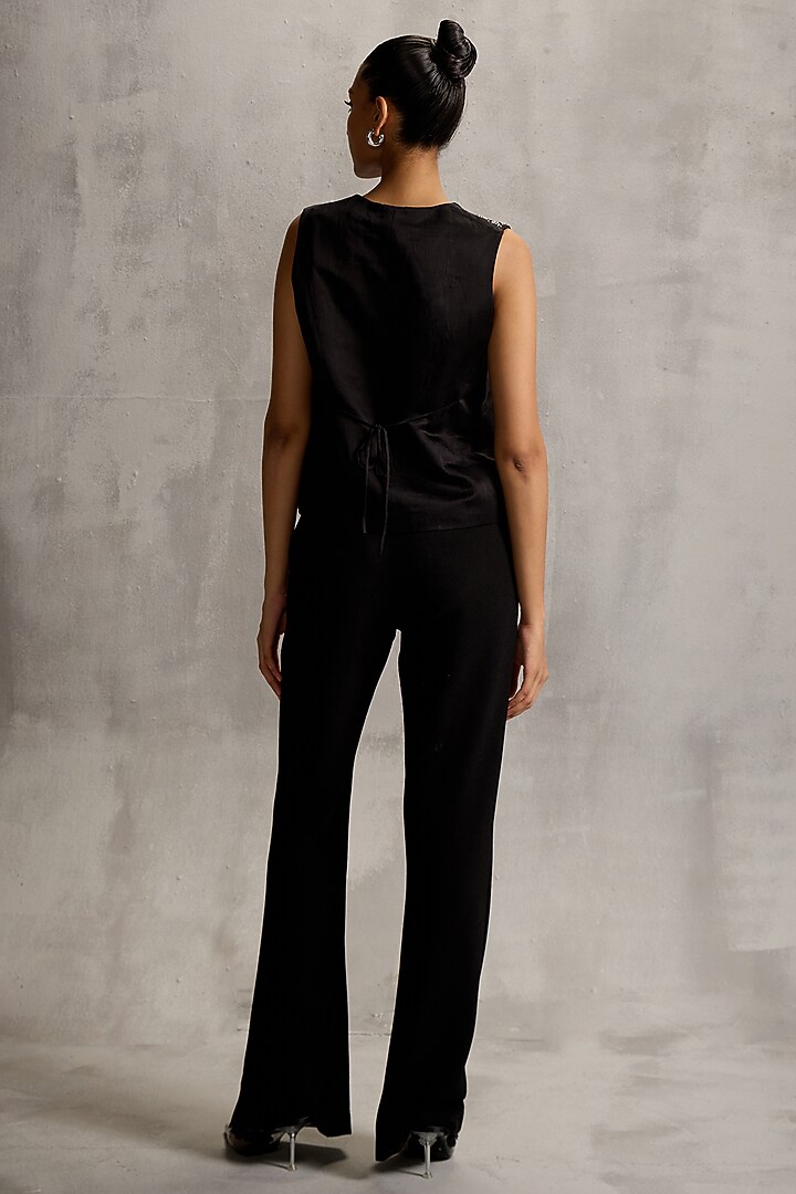 Charcoal Black Satin Linen Floral Embellished Waistcoat by Namrata Joshipura at Pernia's Pop Up Shop