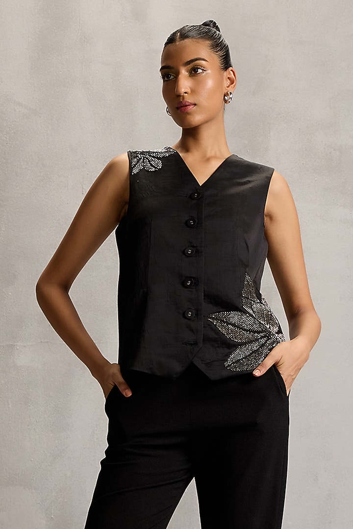 Charcoal Black Satin Linen Floral Embellished Waistcoat by Namrata Joshipura at Pernia's Pop Up Shop