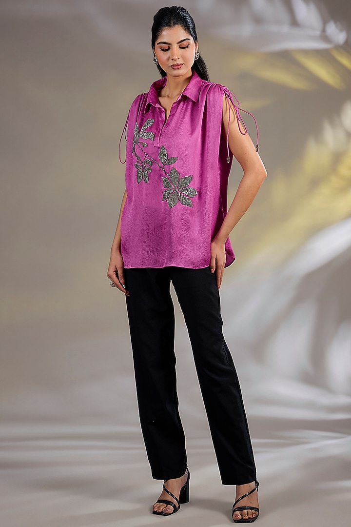 Pink Bubble Crepe Hand & Machine Embellished Top by Namrata Joshipura at Pernia's Pop Up Shop