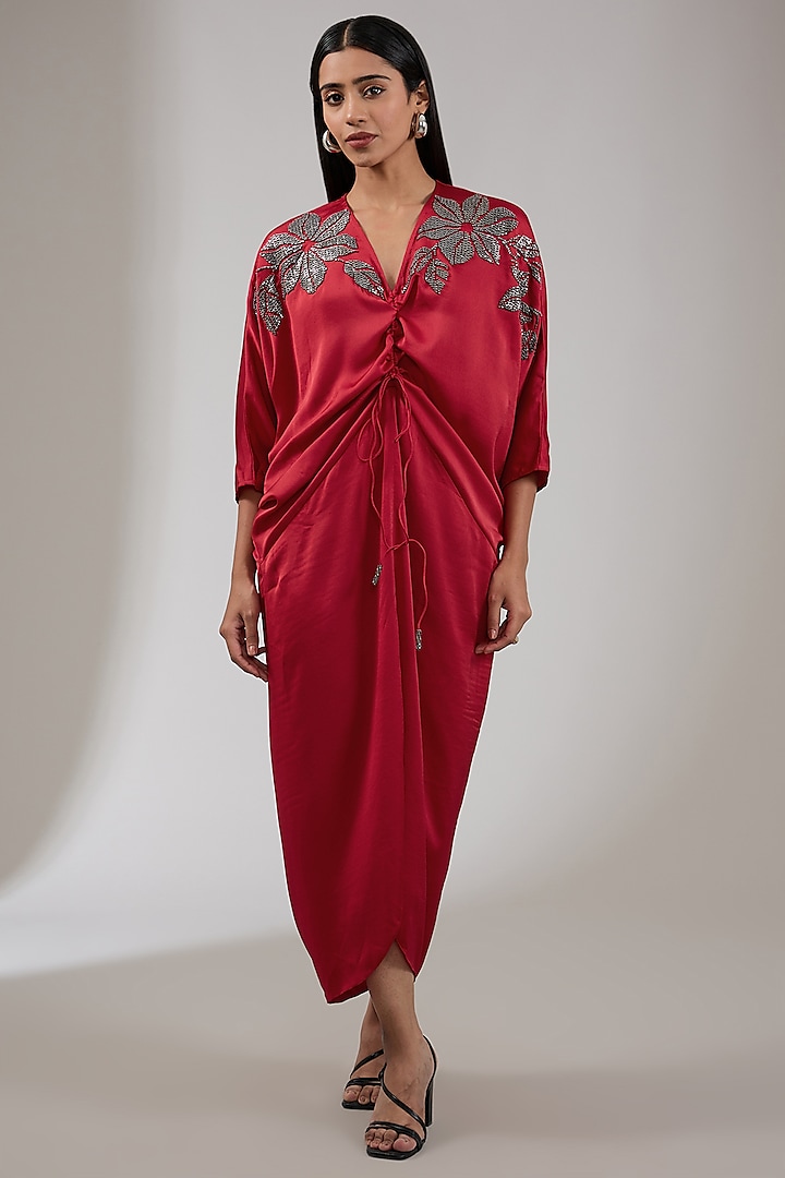 Red Satin Floral Hand Embellished Draped Dress by Namrata Joshipura at Pernia's Pop Up Shop