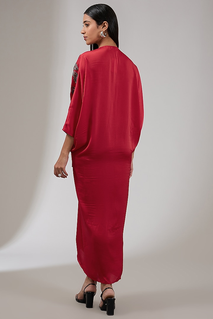 Red Satin Floral Hand Embellished Draped Vacation Dress by Namrata Joshipura at Pernia's Pop Up Shop