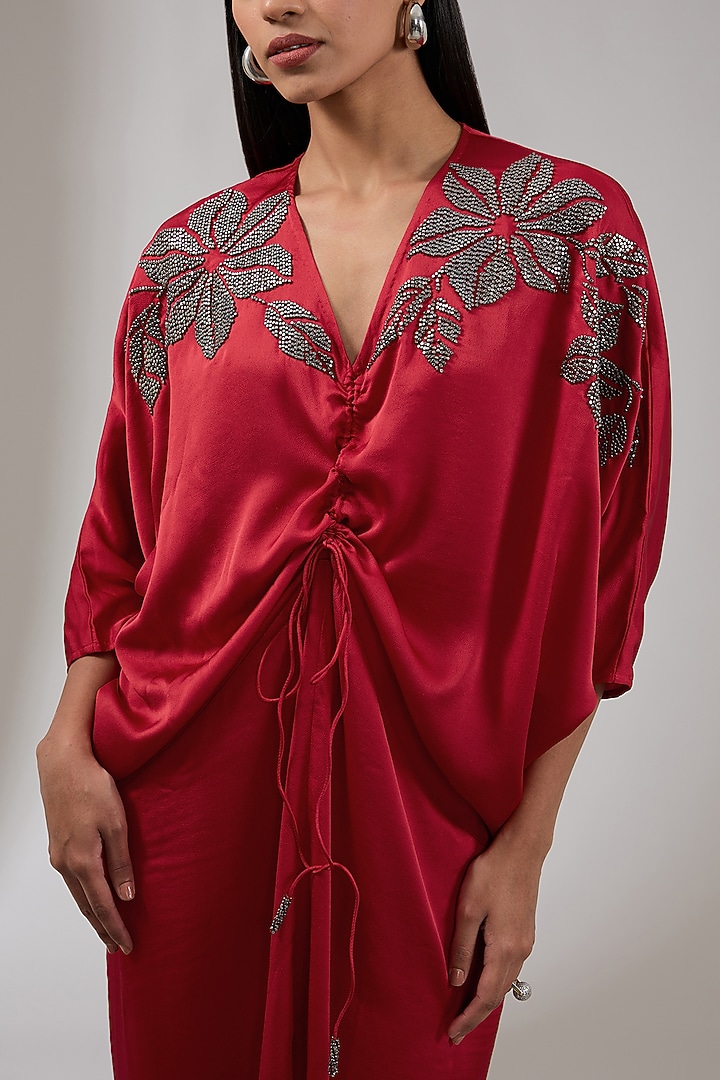 Red Satin Floral Hand Embellished Draped Vacation Dress by Namrata Joshipura at Pernia's Pop Up Shop