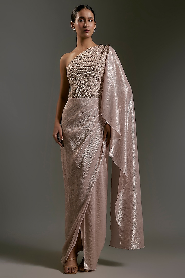 English Rose Pink Shimmer Chiffon Gown by Namrata Joshipura at Pernia's Pop Up Shop