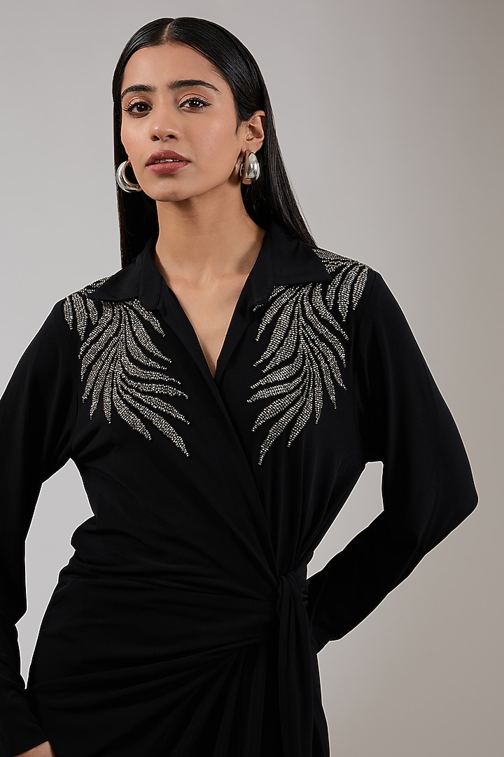 Black Jersey Floral Hand Embellished Tie-Up Mini Vacation Dress by Namrata Joshipura at Pernia's Pop Up Shop