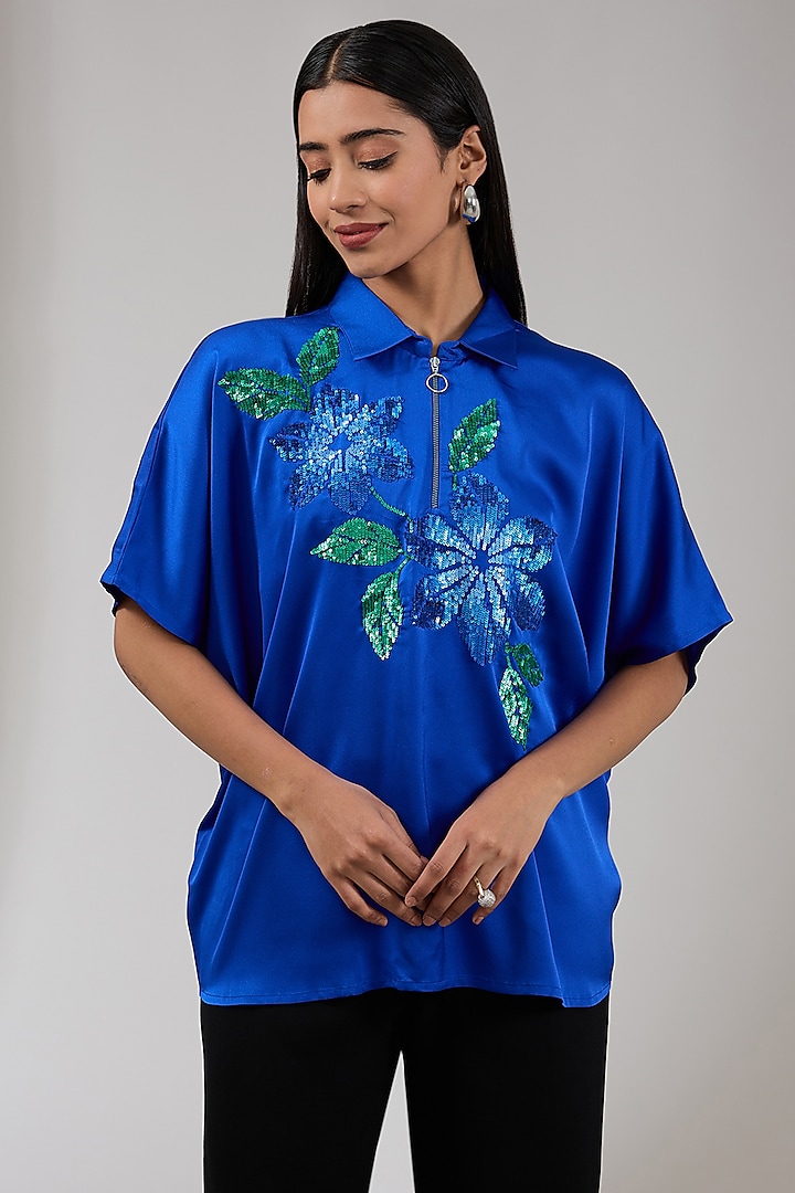 Azure Blue Satin Floral Hand Embellished Shirt by Namrata Joshipura at Pernia's Pop Up Shop