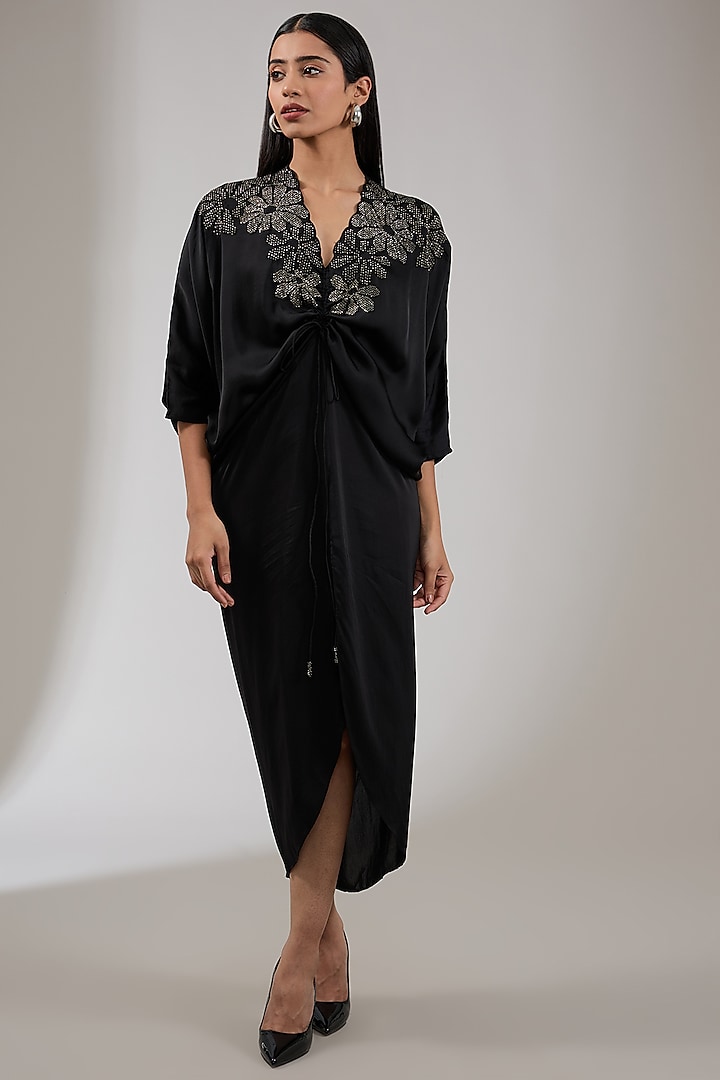 Black Cupro Satin Floral Hand Embellished Draped Dress by Namrata Joshipura at Pernia's Pop Up Shop