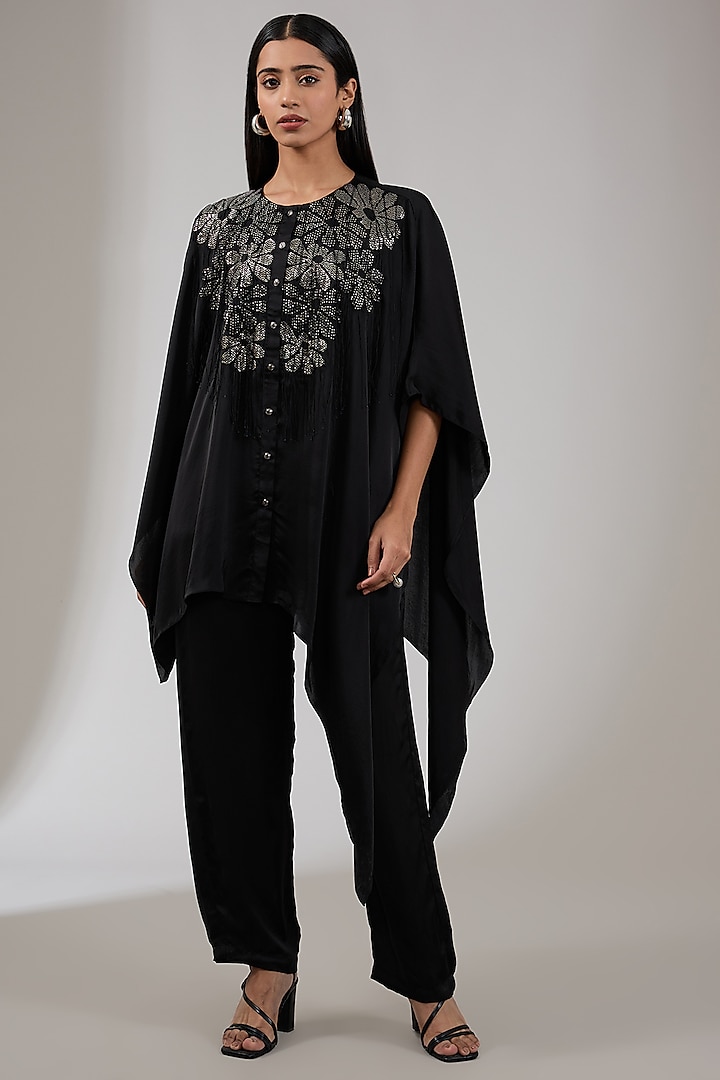 Black Cupro Satin Floral Hand Embellished Top by Namrata Joshipura at Pernia's Pop Up Shop