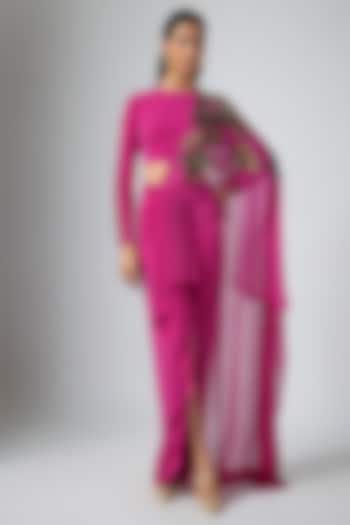 Ruby Blush Jersey Floral Hand Embellished Draped Wedding Saree Set by Namrata Joshipura at Pernia's Pop Up Shop