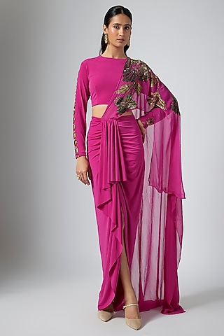 Ruby Blush Jersey Floral Hand Embellished Draped Saree Set by Namrata Joshipura