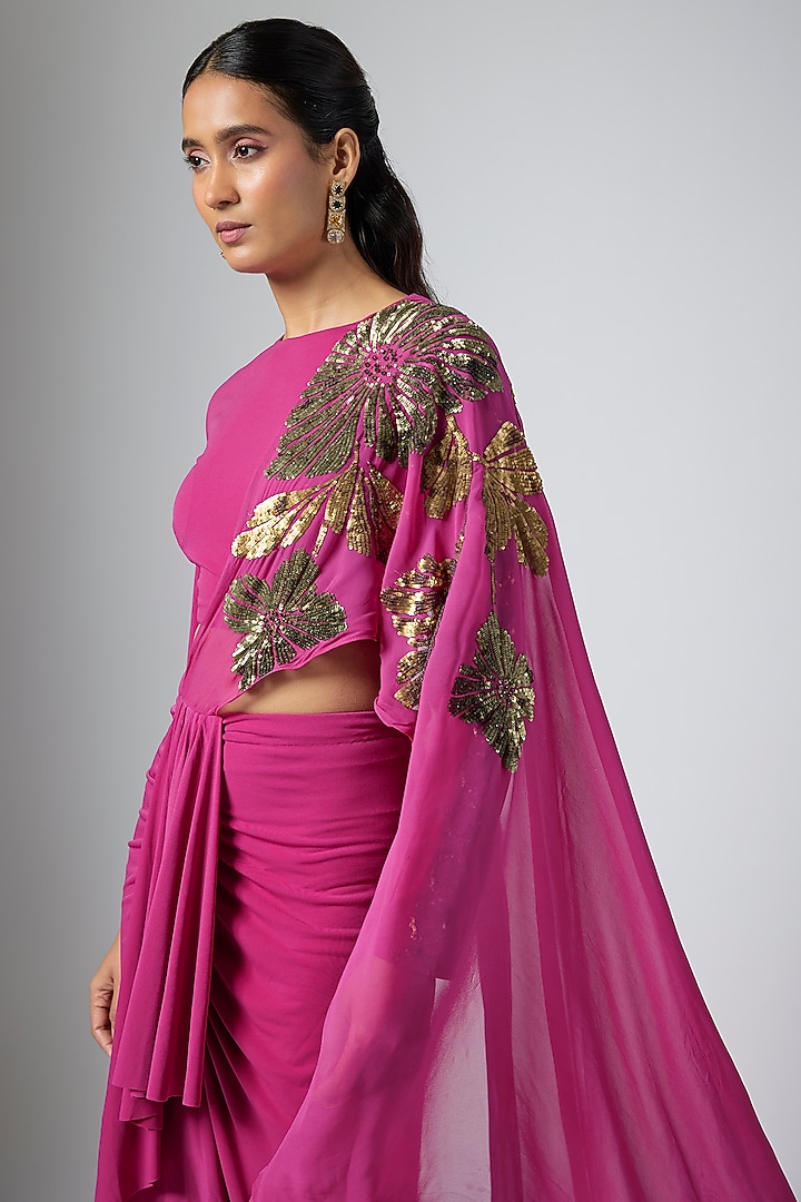 Ruby Blush Jersey Floral Hand Embellished Draped Wedding Saree Set by Namrata Joshipura at Pernia's Pop Up Shop