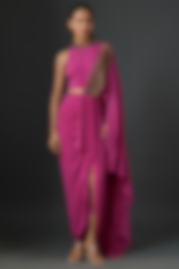 Pink Jersey Floral Hand Embellished Draped Concept Wedding Saree Set by Namrata Joshipura at Pernia's Pop Up Shop