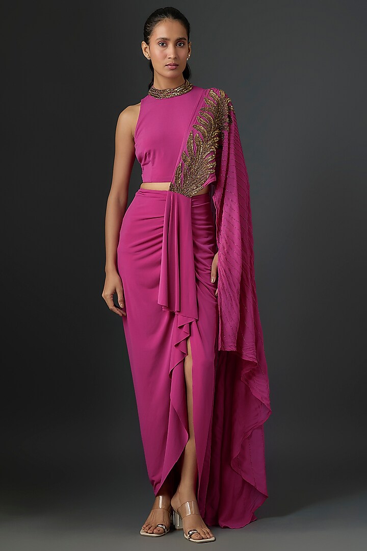 Pink Jersey Floral Hand Embellished Draped Concept Wedding Saree Set by Namrata Joshipura at Pernia's Pop Up Shop