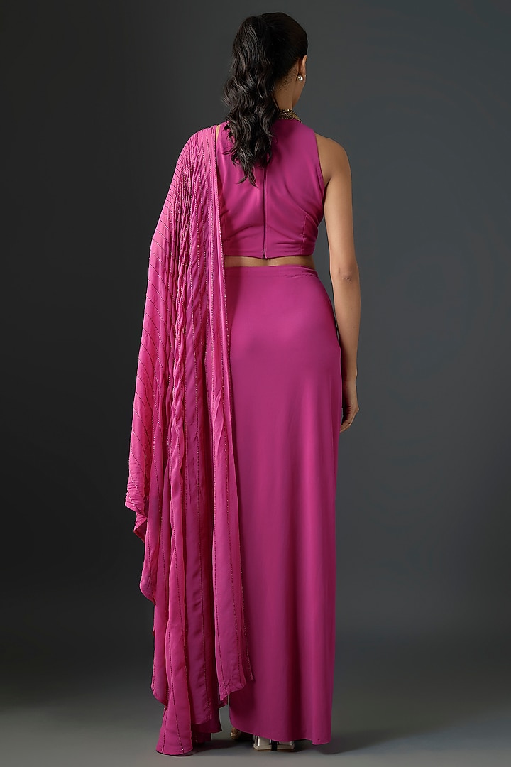Pink Jersey Floral Hand Embellished Draped Concept Wedding Saree Set by Namrata Joshipura at Pernia's Pop Up Shop