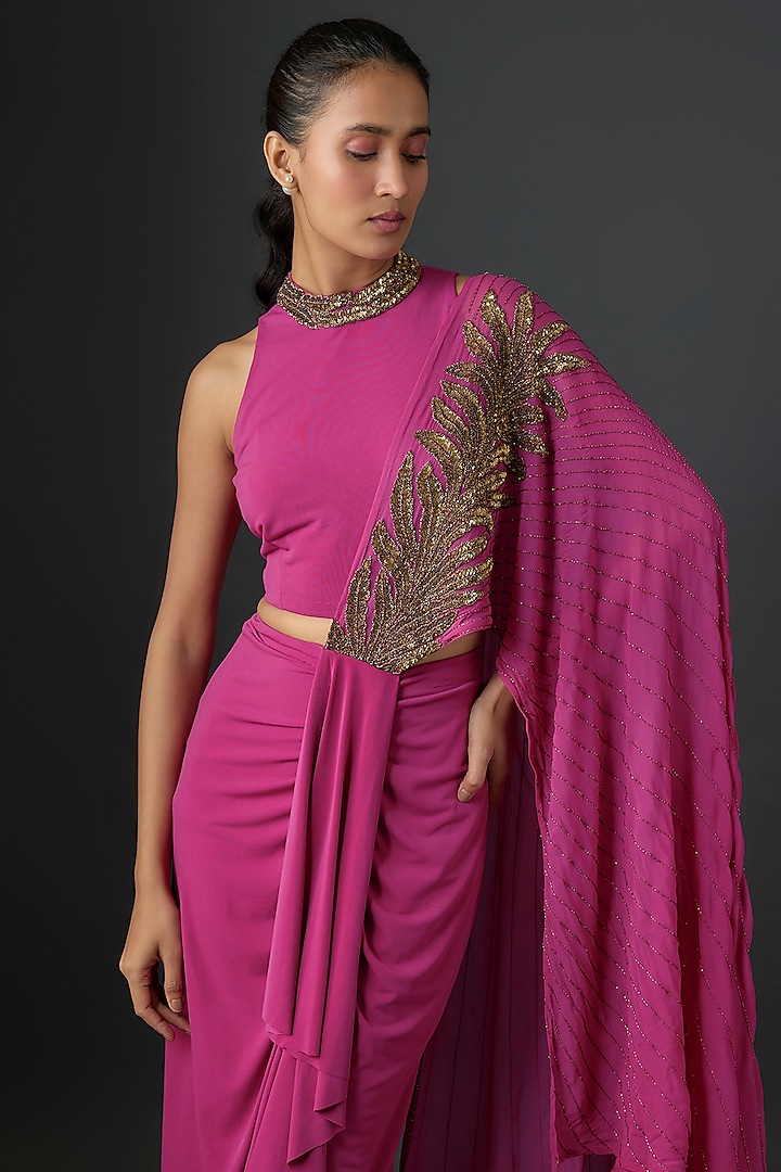 Pink Jersey Floral Hand Embellished Draped Concept Wedding Saree Set by Namrata Joshipura at Pernia's Pop Up Shop