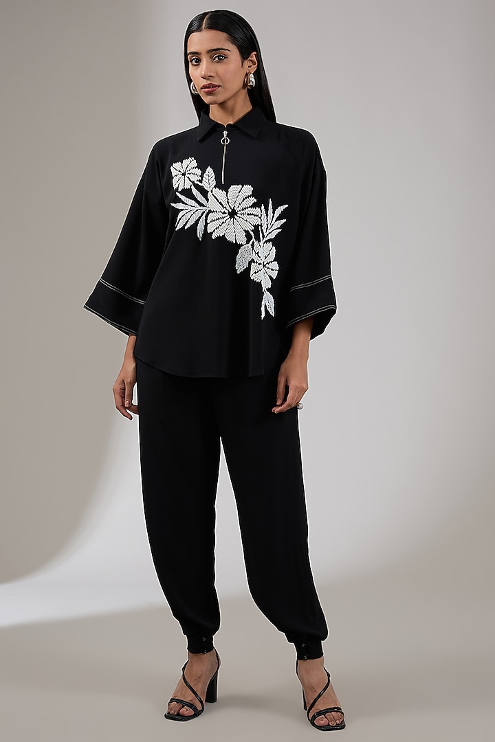 Black Textured Crepe Floral Embellished Co-Ord Set by Namrata Joshipura at Pernia's Pop Up Shop