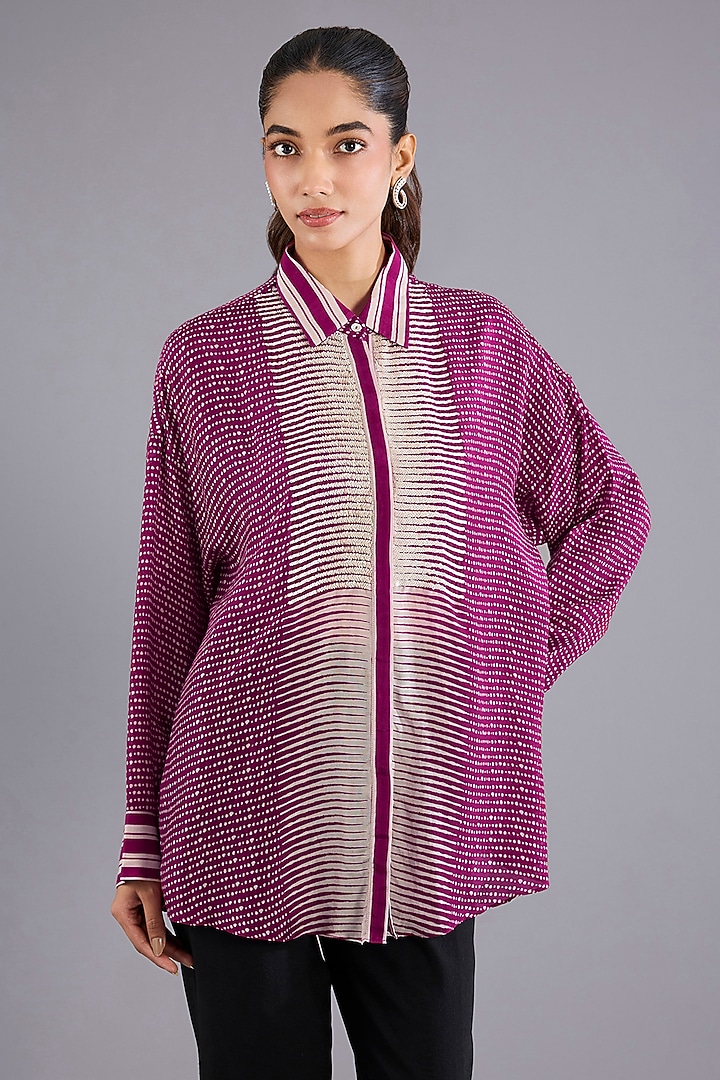 Pink Satin Crepe Geometric Embellished Oversized Shirt by Namrata Joshipura at Pernia's Pop Up Shop
