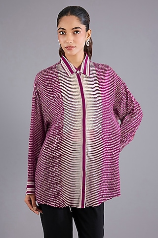 Pink Satin Crepe Geometric Embellished Oversized Shirt by Namrata Joshipura