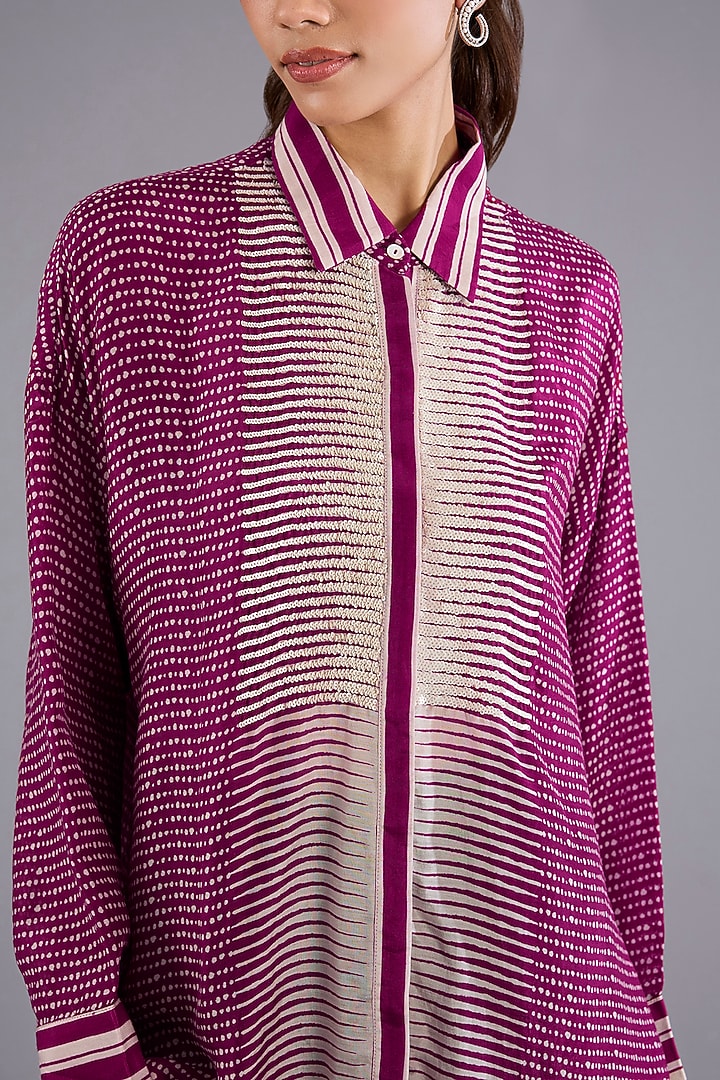 Pink Satin Crepe Geometric Embellished Oversized Shirt by Namrata Joshipura at Pernia's Pop Up Shop