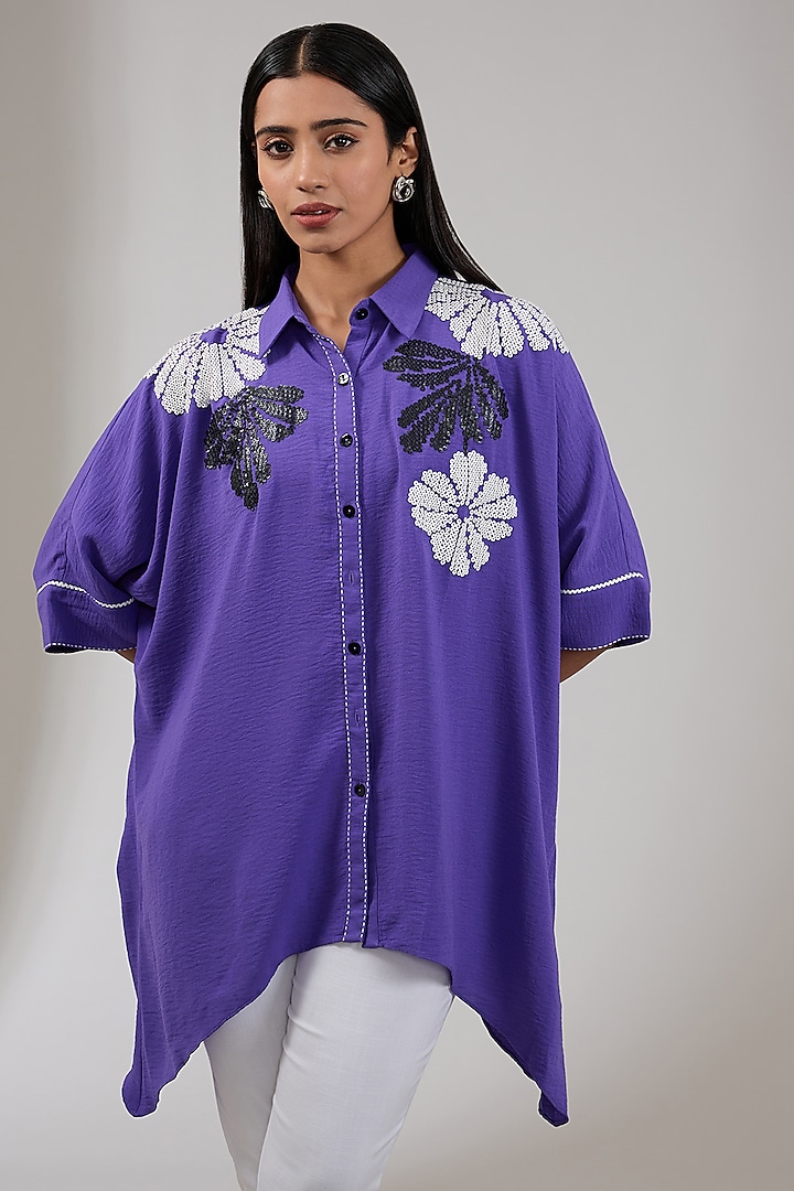 Amethyst Purple Textured Crepe Floral Embellished Tunic by Namrata Joshipura at Pernia's Pop Up Shop