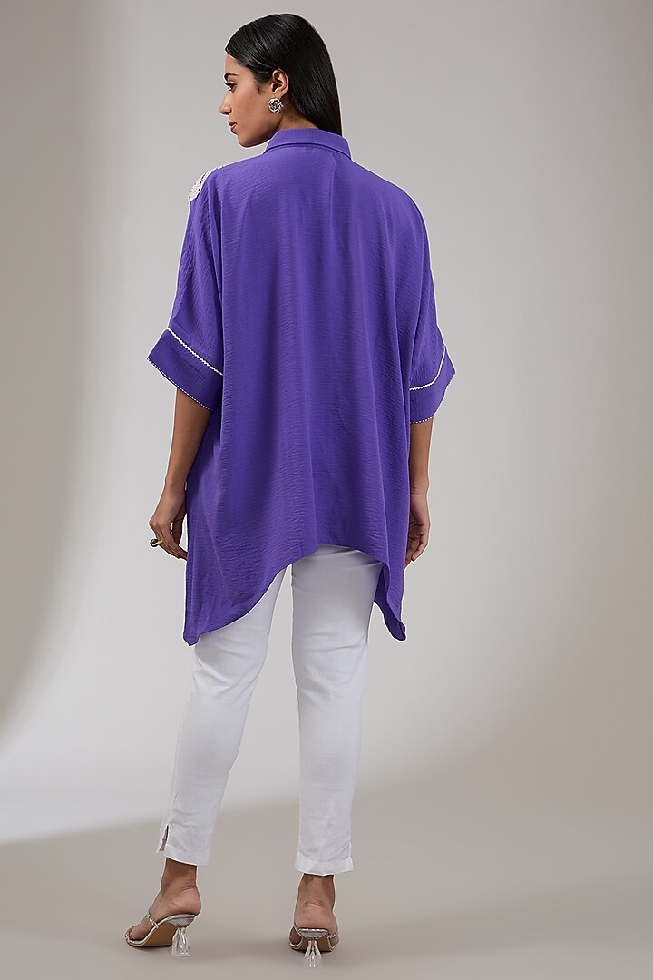 Amethyst Purple Textured Crepe Floral Embellished Tunic by Namrata Joshipura at Pernia's Pop Up Shop