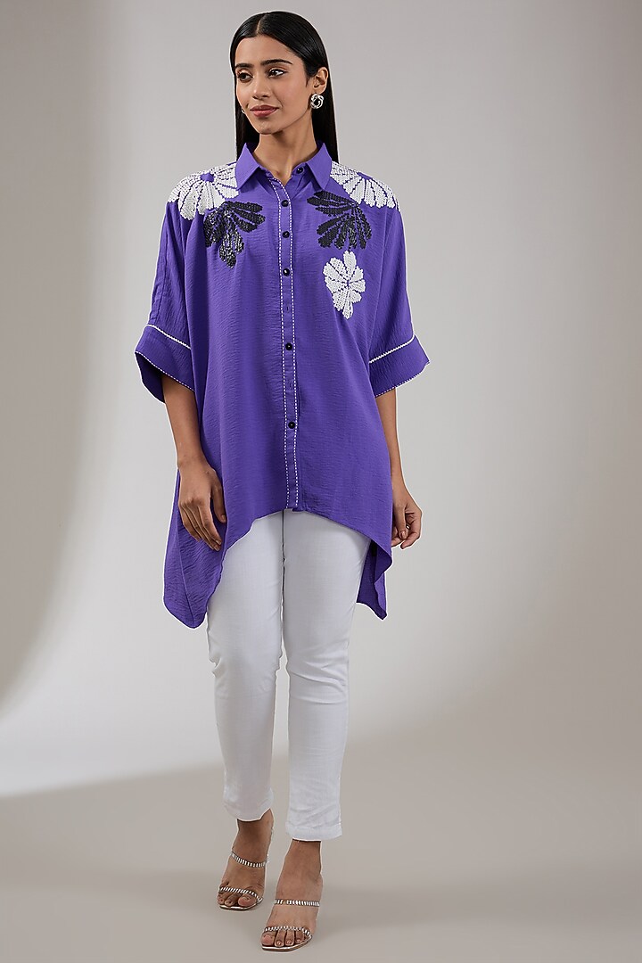 Amethyst Purple Textured Crepe Floral Embellished Tunic by Namrata Joshipura at Pernia's Pop Up Shop