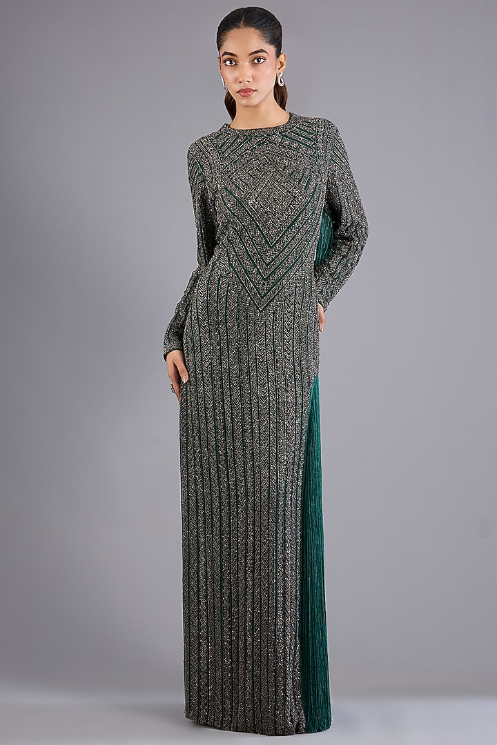 Hunter Green Viscose Georgette Embroidered Slit Bridal Gown by Namrata Joshipura at Pernia's Pop Up Shop