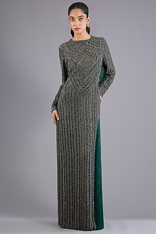 Hunter Green Viscose Georgette Embroidered Slit Gown by Namrata Joshipura