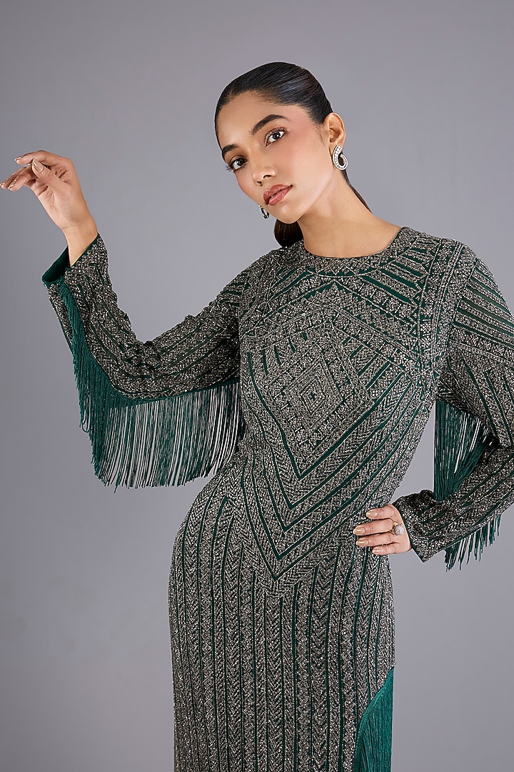 Hunter Green Viscose Georgette Embroidered Slit Bridal Gown by Namrata Joshipura at Pernia's Pop Up Shop