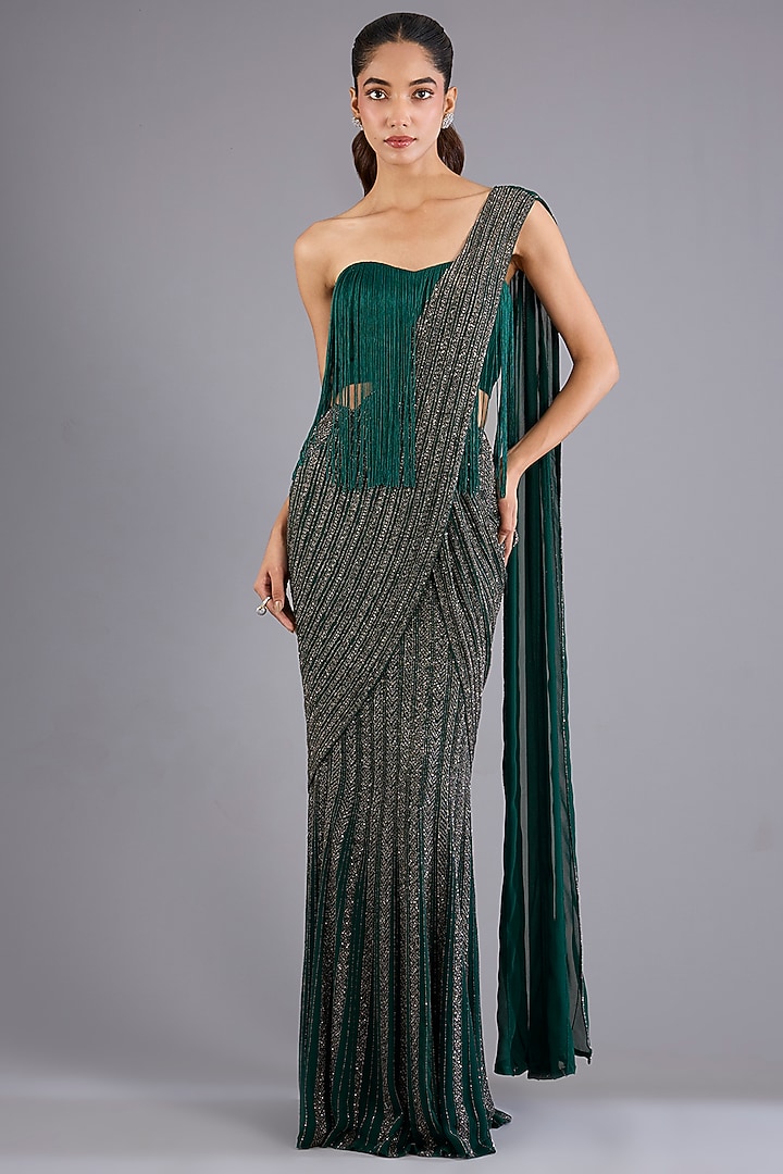 Hunter Green Viscose Georgette Embroidered Bridal Saree Set by Namrata Joshipura at Pernia's Pop Up Shop