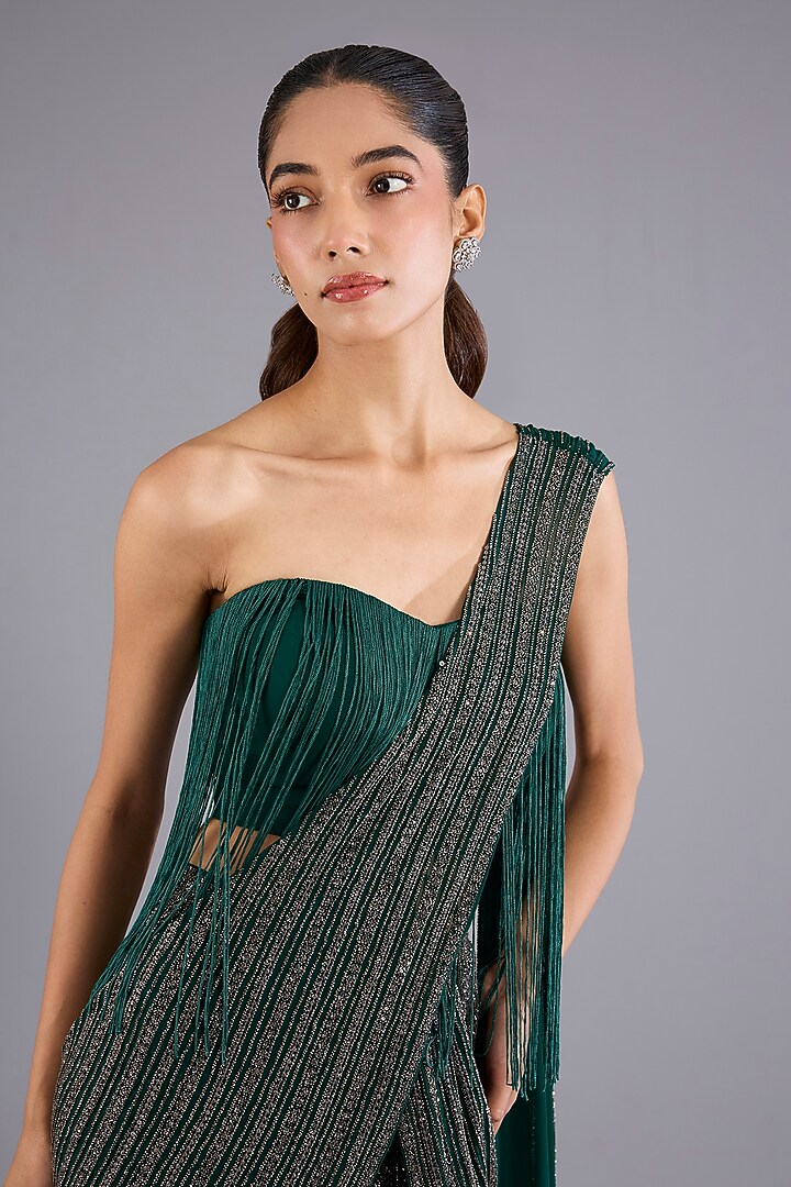 Hunter Green Viscose Georgette Embroidered Bridal Saree Set by Namrata Joshipura at Pernia's Pop Up Shop